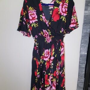 Floral Black Dress Cross Over Chest Midi Dress Short Sleeve